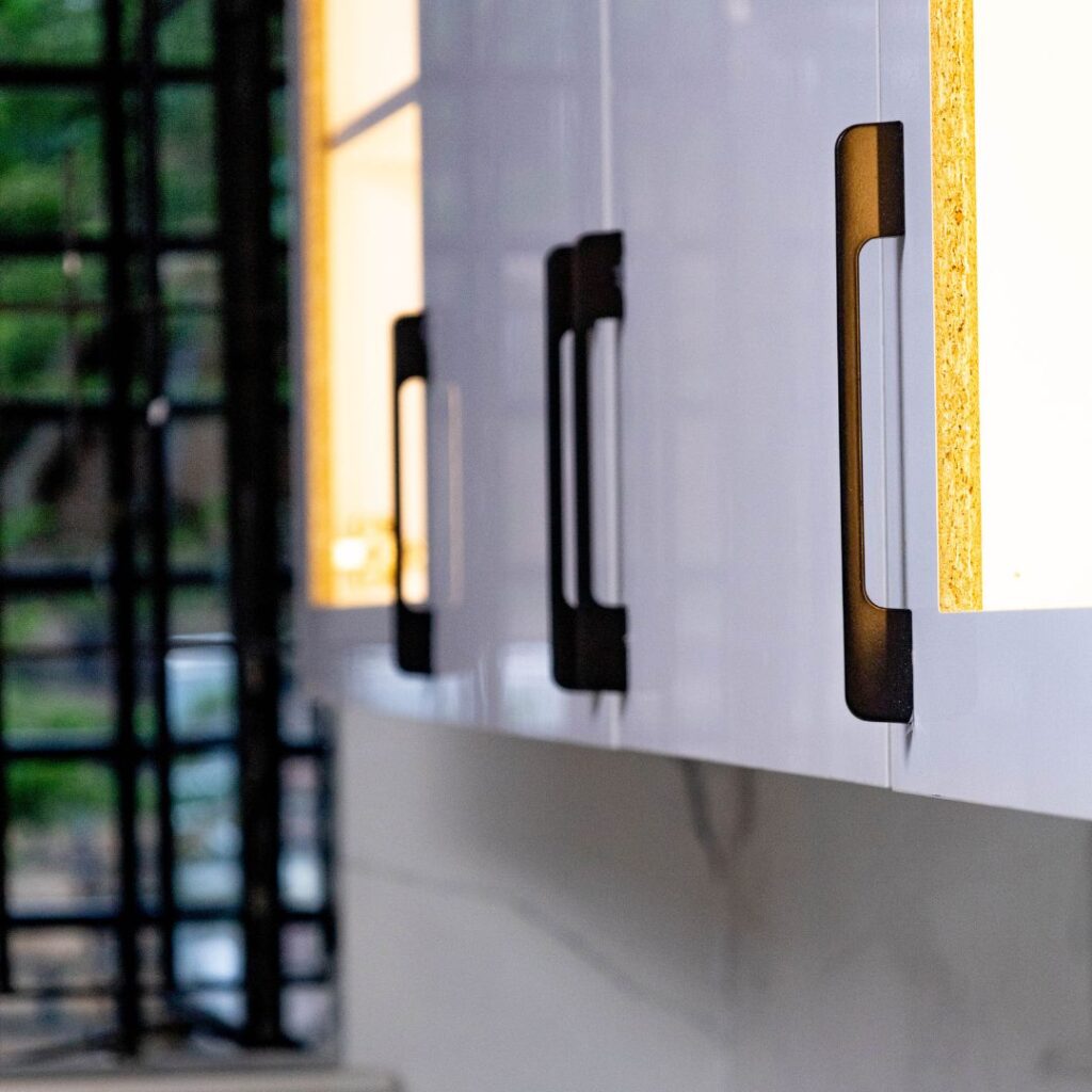 Kitchen handles in a kitchen designed by Wanja Githongo, the lead architect at Guarcha Architects.